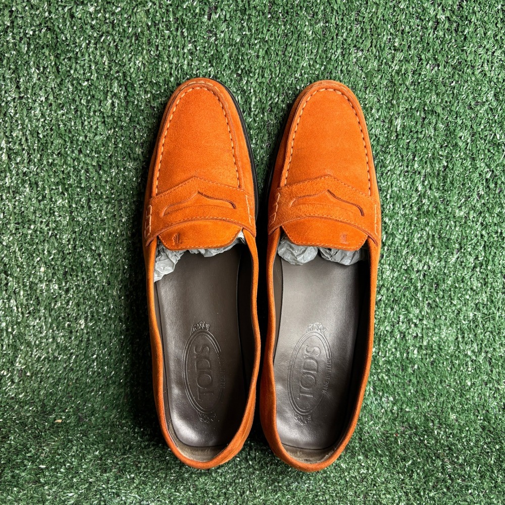 Tods Gommini Suede Penny Loafers Driver Moccasin Luxury Orange Womens Shoes 8.5 - Picture 5 of 12